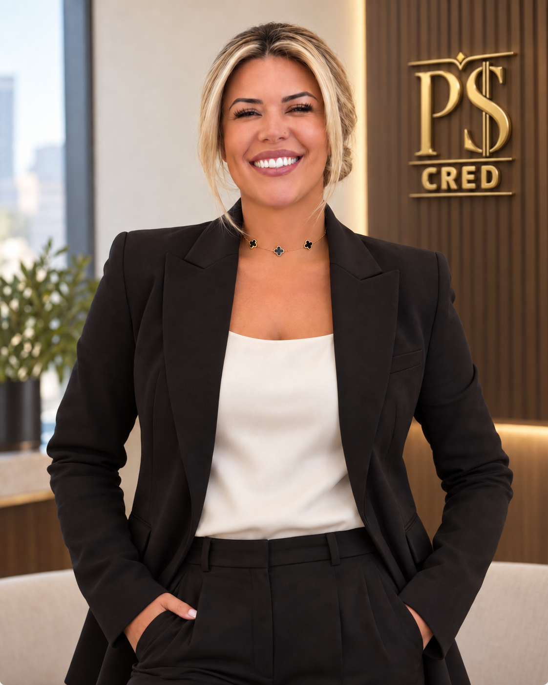 Retrato de mulher sorrindo em um ambiente de trabalho com a marca PS Cred na parede
